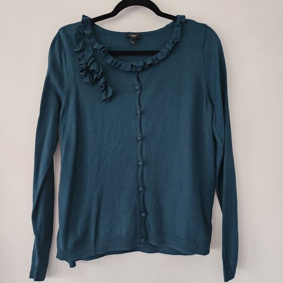 Talbots Petites teal blue light weight silk blend button front cardigan size LP - Picture 1 of 6